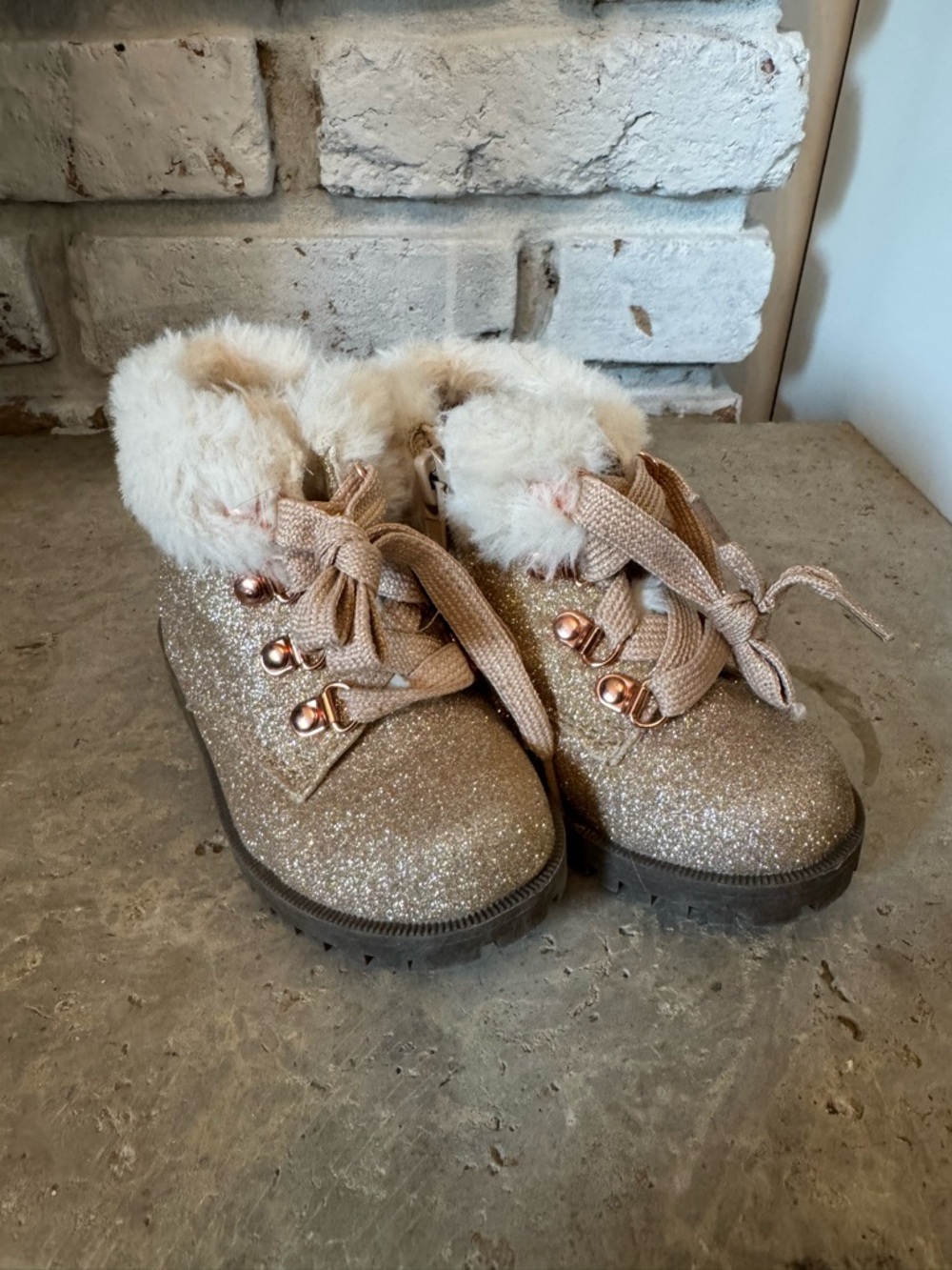 Glitter Faux Fur Lace-Up Boots in Rose Gold